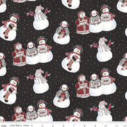 Flannel Hello Winter Main Black-This double napped flannel from Hello Winter by Tara Reed for Riley Blake Designs is great for apparel, blankets, quilts and quilt backs. This print features snowmen holding birds, stockings, and signs that say peace, love, and joy on a pin dot background